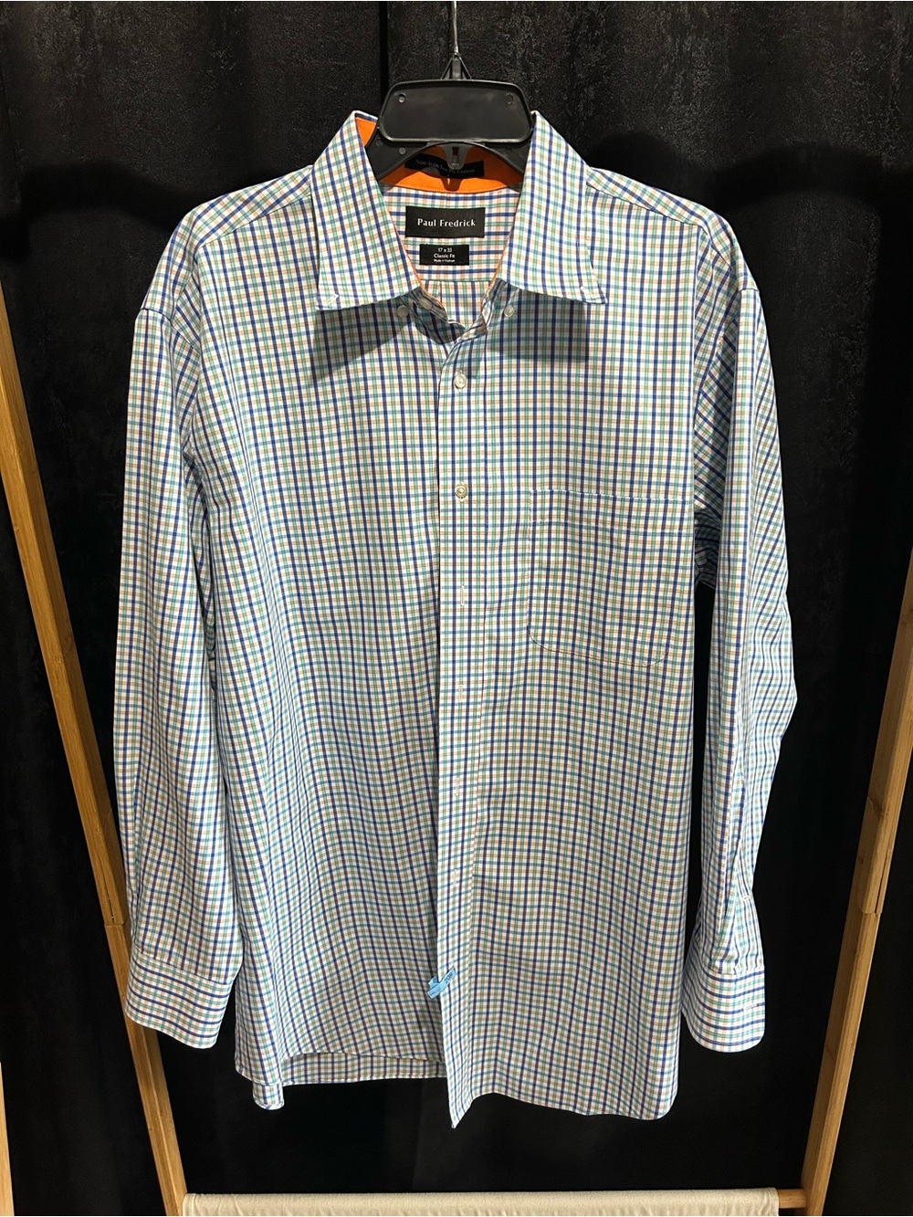 Paul Fredrick White Button-Down Shirt with Blue and Green Windowpane Plaid